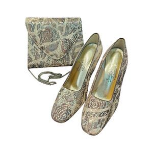 Vintage 60's Brocaid Herls and Evening Purse Set Special Occassion Glitter Tan G
